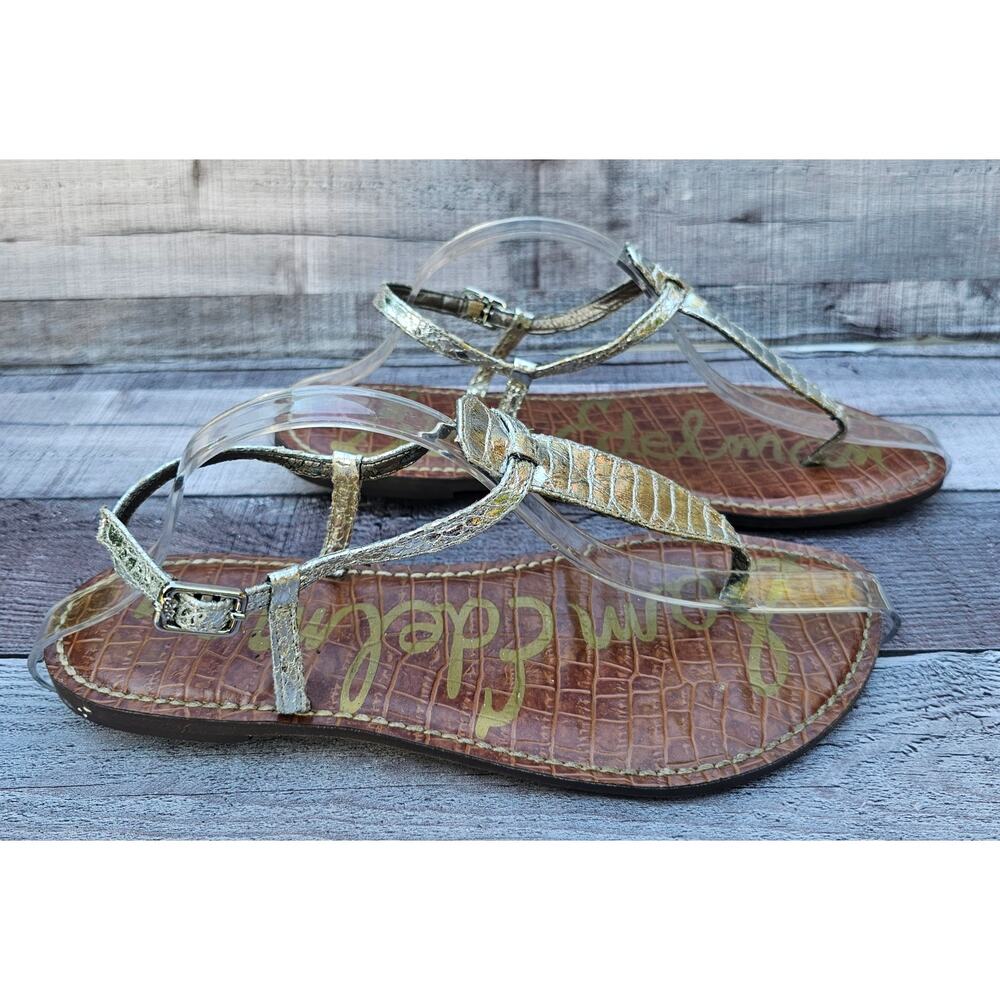 SAM EDELMAN Gigi Metalic Shiny Leather  Flats T-Strap Sandals Women's 9M